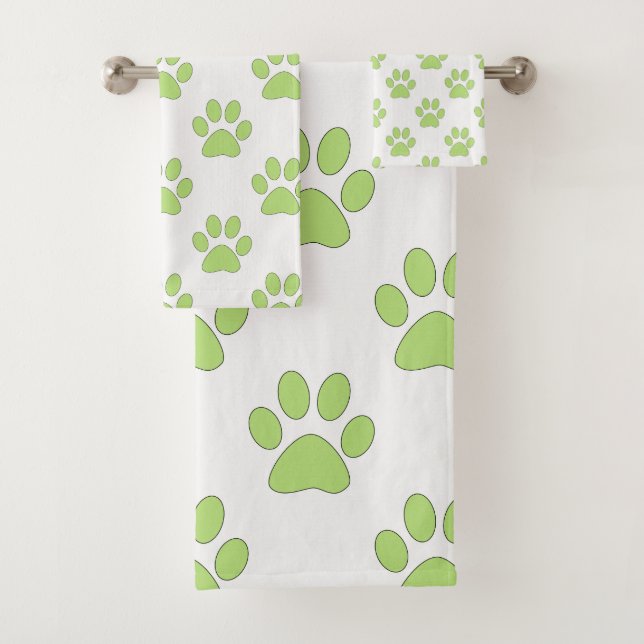 Green and white paw prints pattern bath towel set (Insitu)