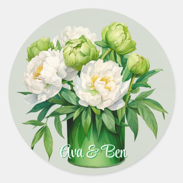 Green and White Peony Elegant Wedding Classic Round Sticker (Front)