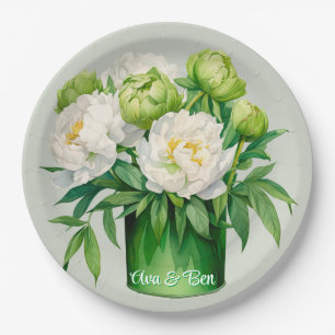 Green and White Peony Elegant Wedding Paper Plate