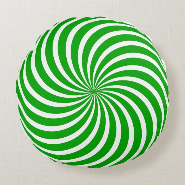 Green and White Peppermint Candy Holiday Christmas Round Cushion (Front)