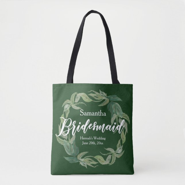 Green and White Personalised Bridesmaid Boho Tote Bag (Front)