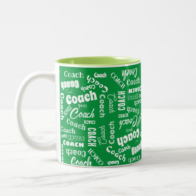 Green and White Personalised Coach Gift Name Art Two-Tone Coffee Mug (Left)