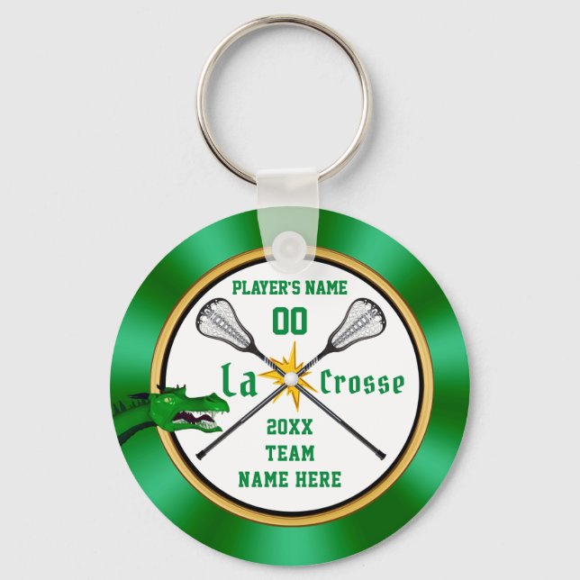 Green and White Personalised Lacrosse Keychains (Front)