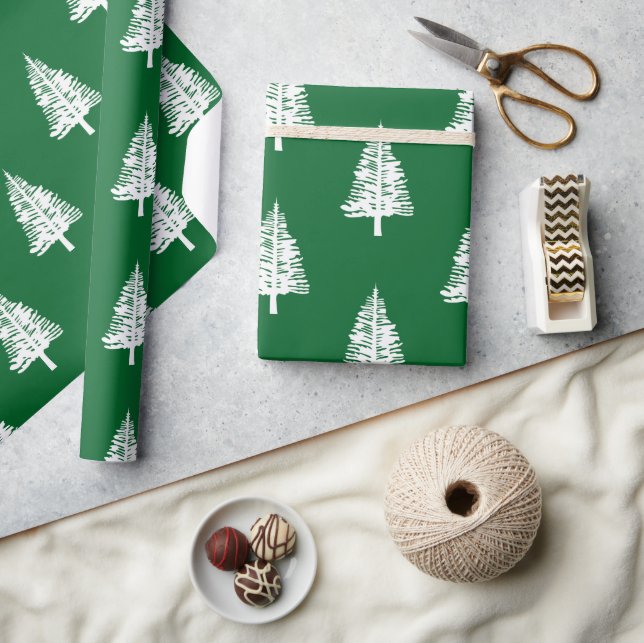 Green and White Pine Trees Christmas Wrapping Paper (Crafts)