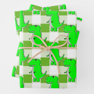 Green and White Plaid Dino Tartan Pattern Wrapping Paper Sheet