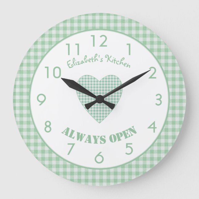 Green and white plaid gingham with name large clock (Front)