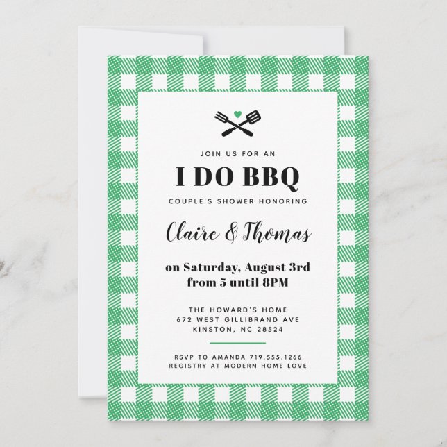 Green and White Plaid I Do BBQ Invitation (Front)