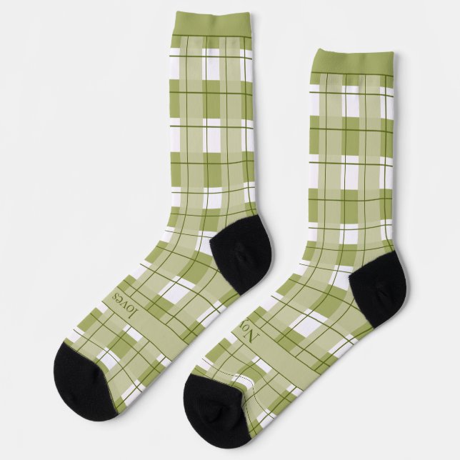 Green and White Plaid, Text on Foot Socks (Left)