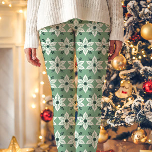 Green and White Poinsettia Pattern Christmas  Leggings