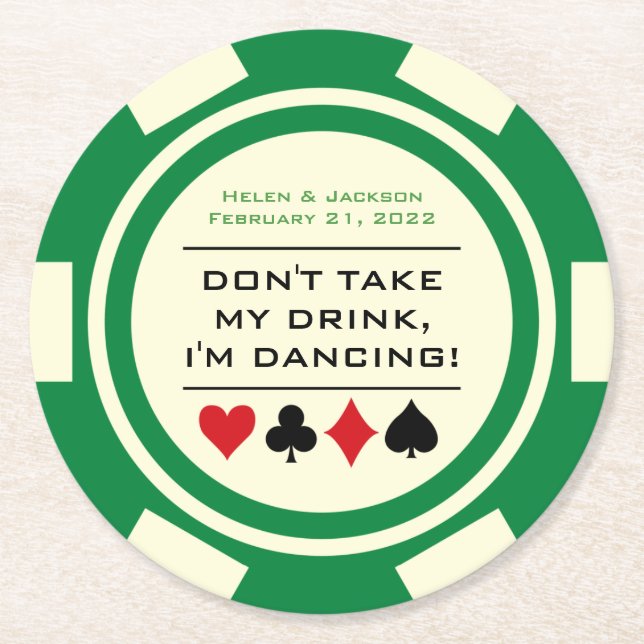 Green and White Poker Chip I'm Dancing Drink Round Paper Coaster (Front)