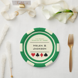 Green and White Poker Chip Las Vegas Wedding Paper Plate