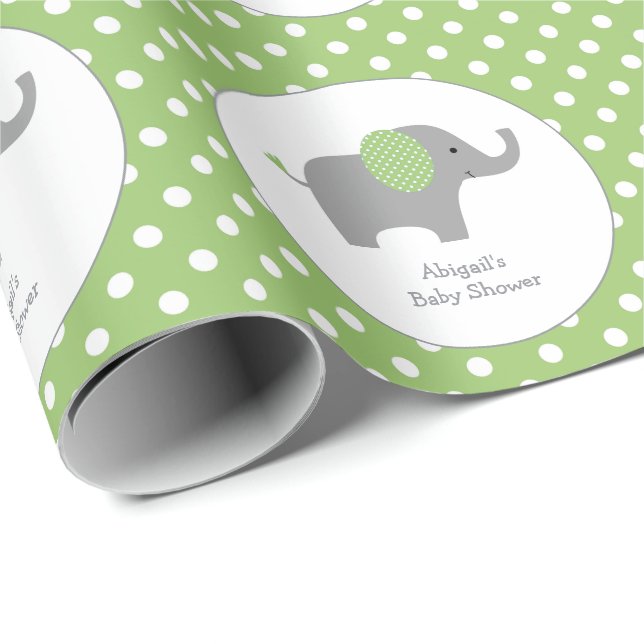 Green and White Polka Dot Elephant Baby Shower Wrapping Paper (Roll Corner)