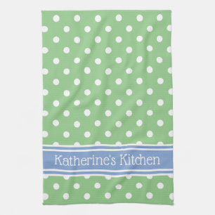 Green and White Polka Dot With Blue Personalised Tea Towel