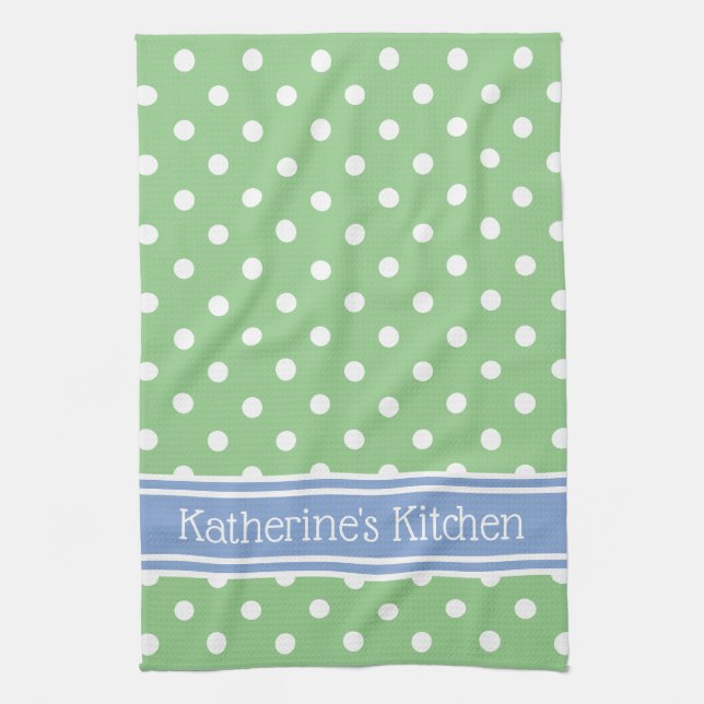 Green and White Polka Dot With Blue Personalised Tea Towel (Vertical)