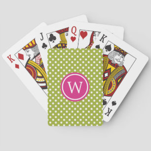 Green and White Polka Dot With Pink Monogram Playing Cards