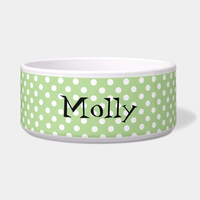 Green and White Polka Dots Custom Pet Bowl (Front)