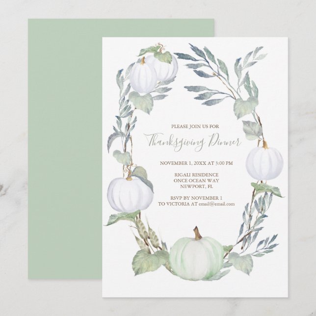 Green and WHITE PUMPKIN Greenery THANKSGIVING Invitation (Front/Back)