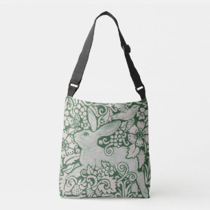 Green and White Rabbit Tote Purse Floral Bird