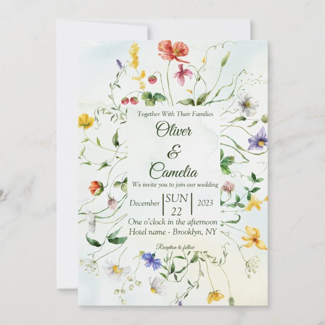 Green and White Rustic Flower Summer Wedding Invitation (Front)