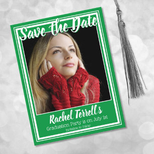 Green and White Save the Date Graduation Announcement Postcard