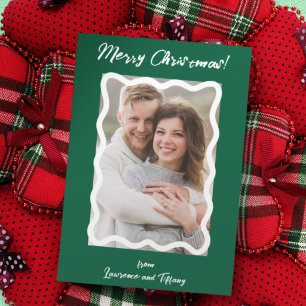 Green and White Scalloped Wavy Lines Frame Photo Holiday Card