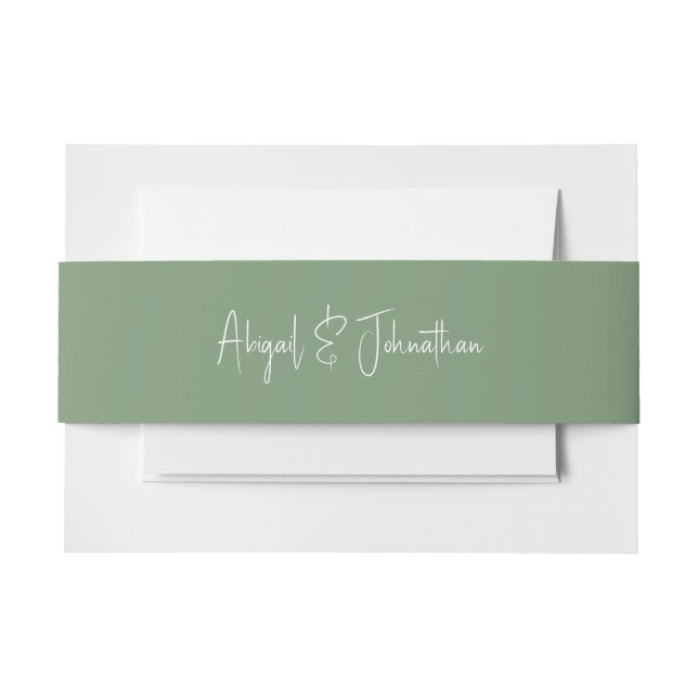 Green and White Script Names Wedding  Invitation Belly Band (Front Example)
