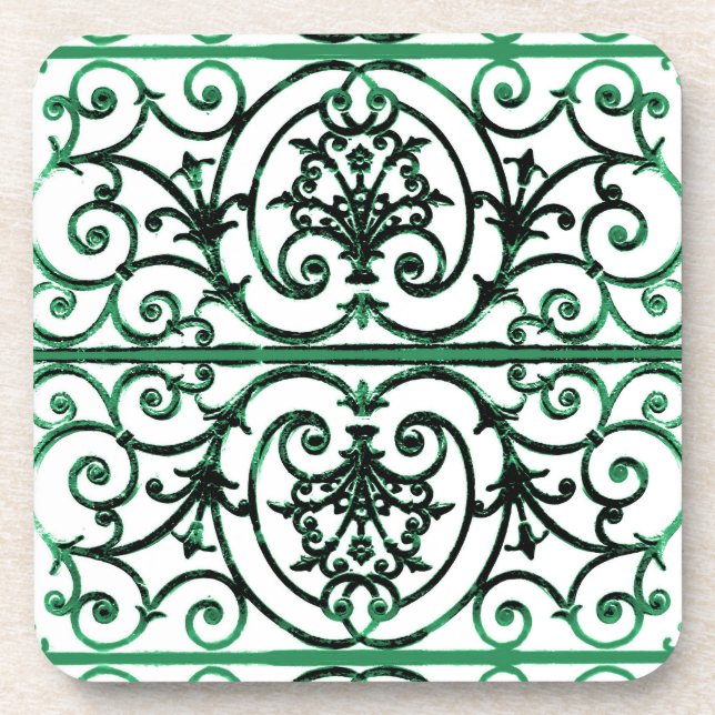 Green and white scrollwork pattern coaster (Front)