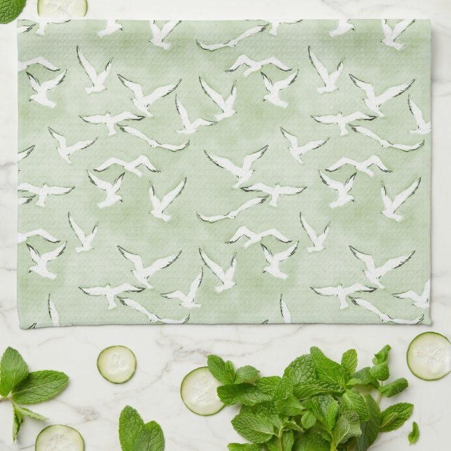 Green And White Seagull Beach Bird Pattern Tea Towel (Folded)