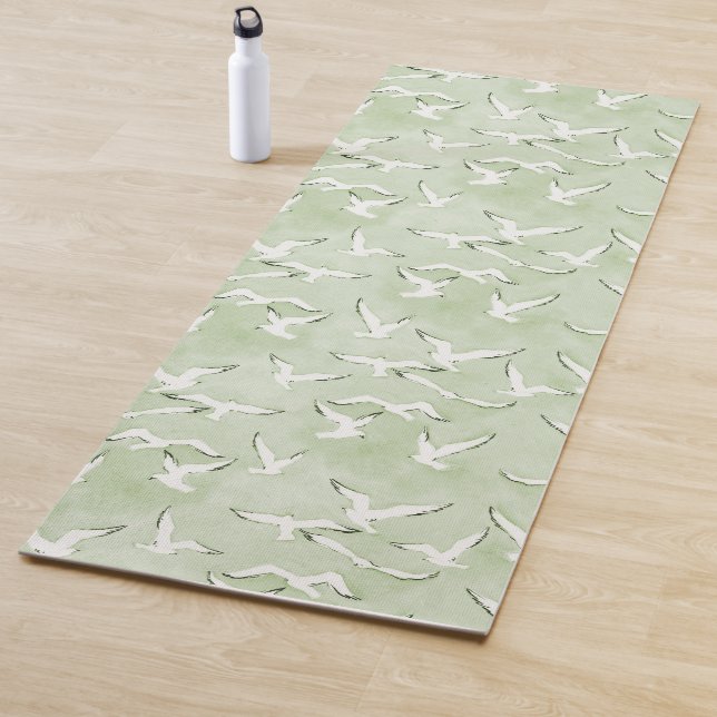 Green And White Seagull Bird Beach Pattern Yogamat Yoga Mat (In Situ)