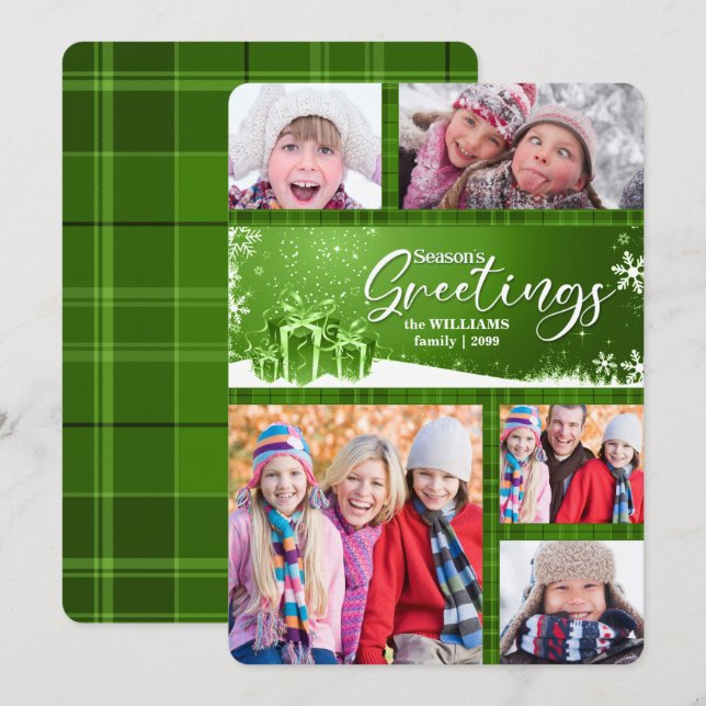 Green and White Season's Greetings 5-Photo Holiday Card (Front/Back)