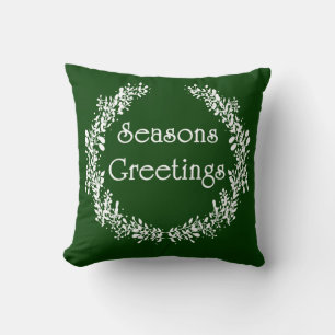 Green and White Seasons Greetings Pillow