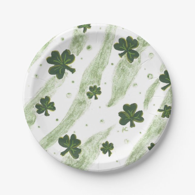 Green and white shamrock pattern Irish paper plate (Front)
