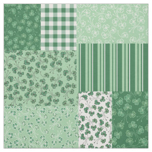 Green and White Shamrock Patterns Faux Patchwork Fabric