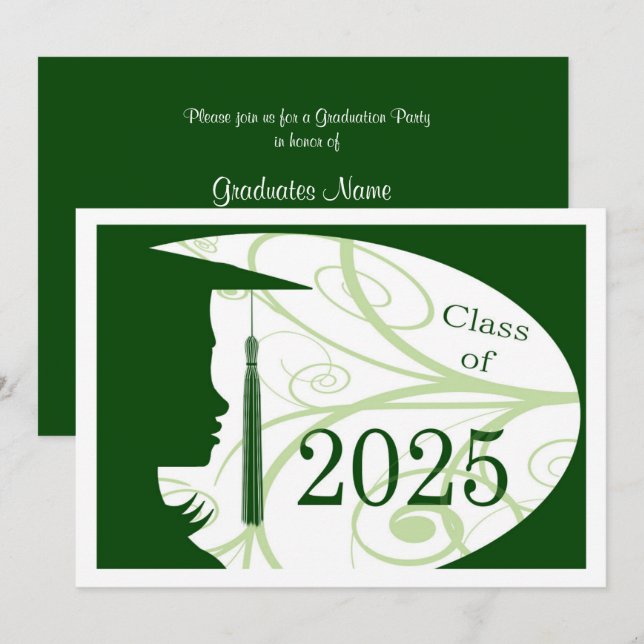Green and White Silhouette 2025 Graduation Party Invitation (Front/Back)