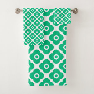 Green and white simple floral pattern retro bath towel set