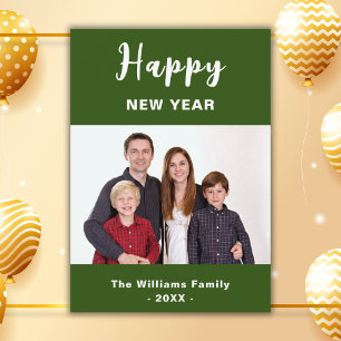 Green And White Simple Happy New Year Family Photo Holiday Card