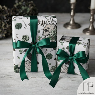 Green and White Skull Pattern St Patricks Day Goth Wrapping Paper