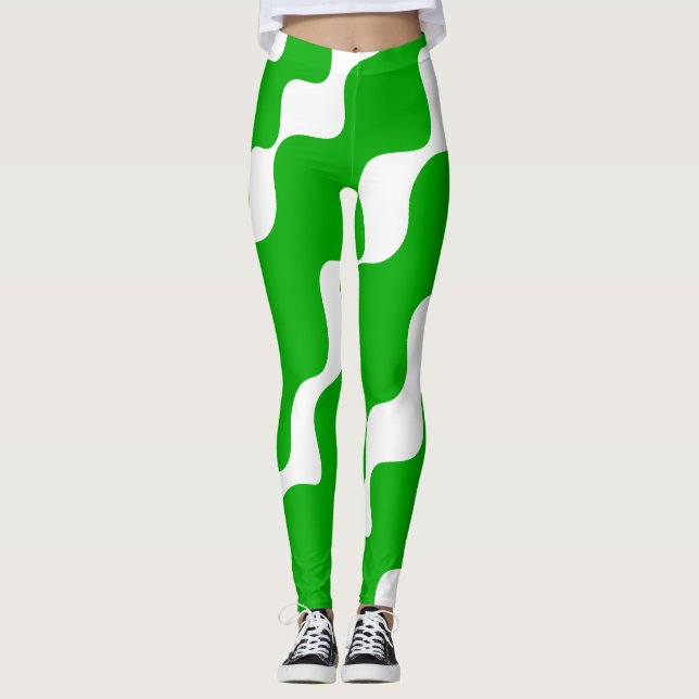 Green and white slanting waves pattern  leggings (Front)