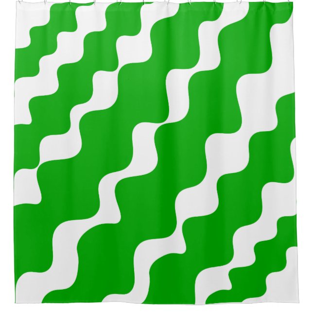 Green and white slanting waves pattern  shower curtain (Front)