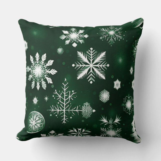 Green And White Snowflake Pattern Cushion (Front)