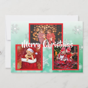 Green and White Snowflakes Family Photos Christmas Invitation