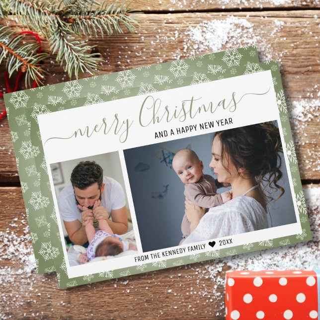 Green And White Snowflakes Merry Christmas Photo Holiday Card (Creator Uploaded)