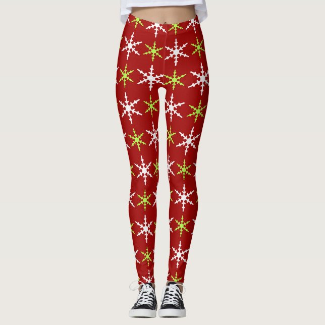 Green and white snowflakes pattern leggings (Front)
