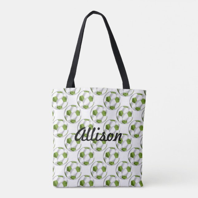 Green and White Soccer Balls with Name Tote Bag (Back)