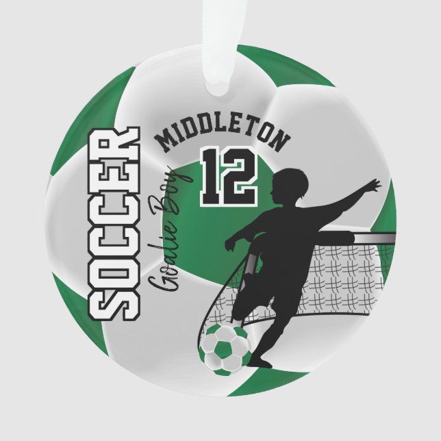 Green and White Soccer Goalie Boy Ornament (Front)