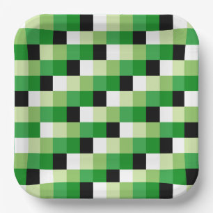 Green and White squares Pattern Paper Plate