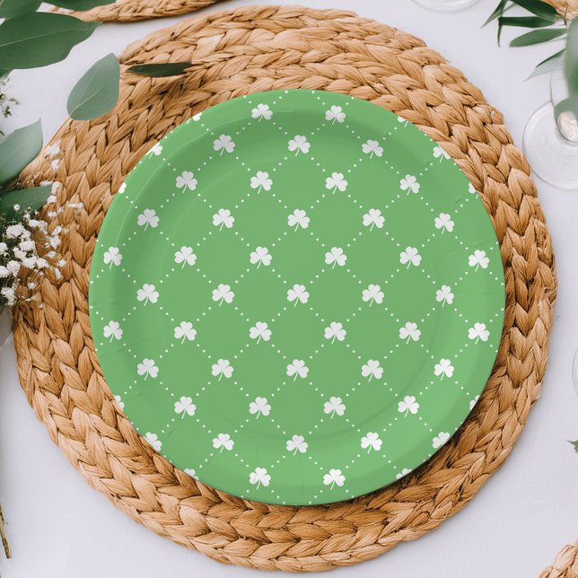 Green and White St Patricks Day Shamrock Pattern Paper Plate (Creator Uploaded)