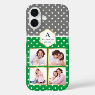 Green and White Stars Pattern Photo Collage iPhone 16 Case