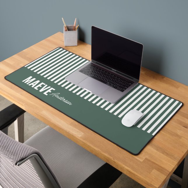 Green and white stripe personalised modern elegant desk mat (Office 2)