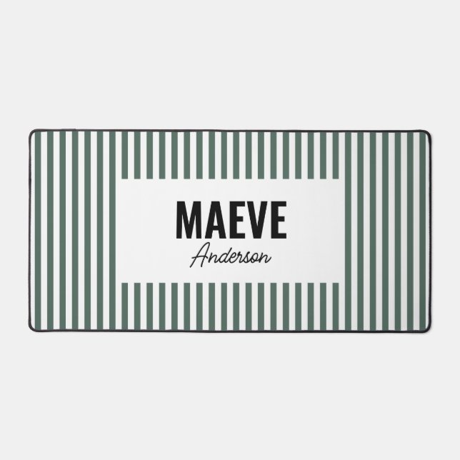 Green and white stripe personalised modern elegant desk mat (Front)